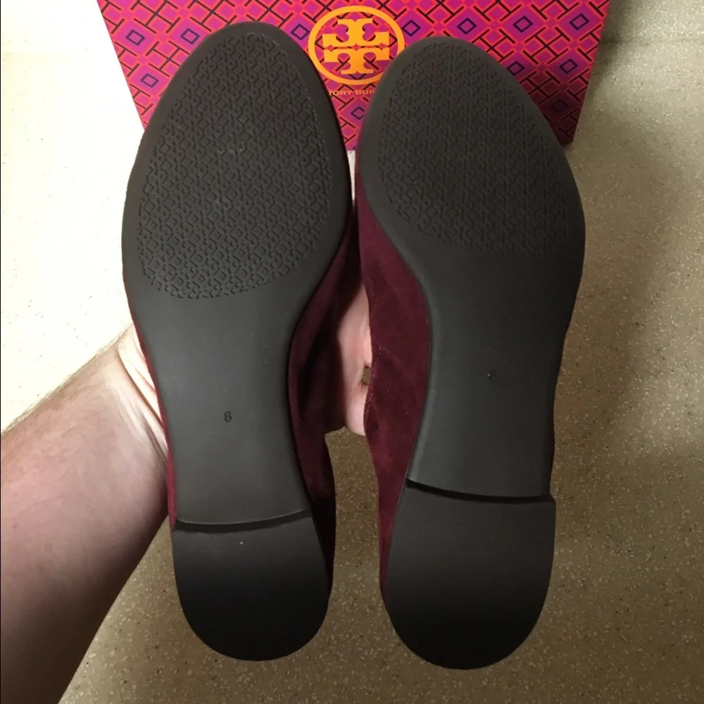 Tory Burch Burgundy Suede Flats with Logo Medallion